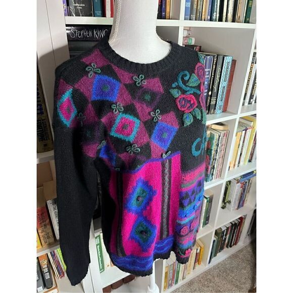 Segue Black Pink Pullover Knitted Mixed Print Lambswool Sweater Size Large - Picture 1 of 5